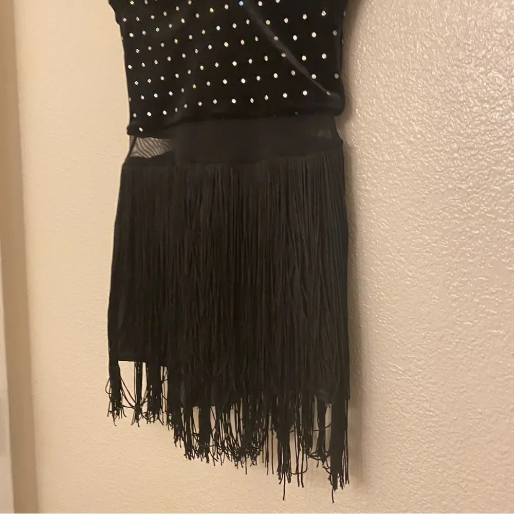 Weissman dance costume black velvet crystal fringe End Of Time 13009 MC 10/12